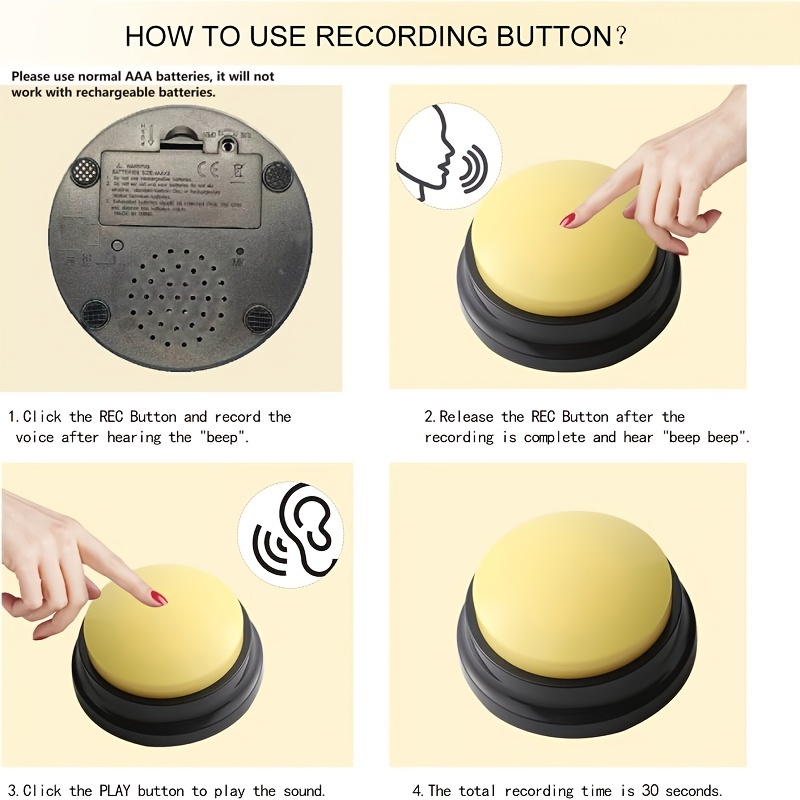 Wabjtam Bouton parlant enregistrable - boutons faciles personnalisés - boutons  enregistrables pour chiens - bouton d'enregistrement de 30 secondes,  ensemble de 4 boutons de dressage de chiens Répondre Buzze
