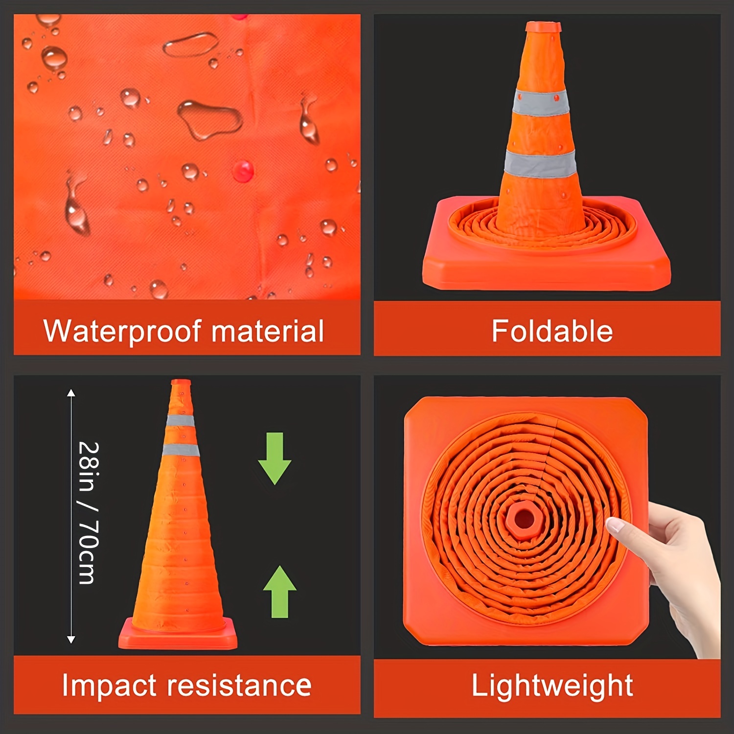 BATTIFE [4 Pack] 28 inch Collapsible Traffic Safety Cones, Multi Purpose  Pop-up Cones with LED Light and Reflective Collar, for Road Parking,  Driving