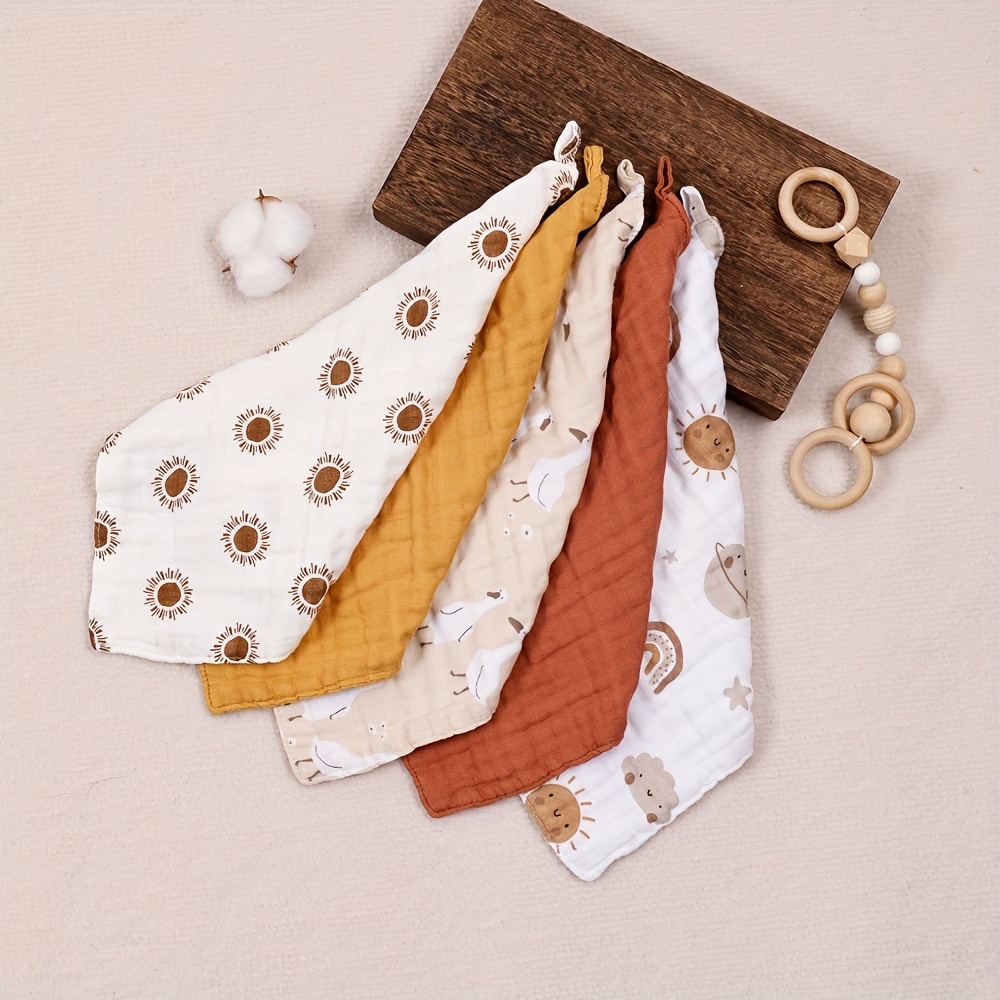 5pcs Set Bamboo Muslin Square Towel 4 Layers Soft Face Towel Cute Print And Solid Burp Cloth