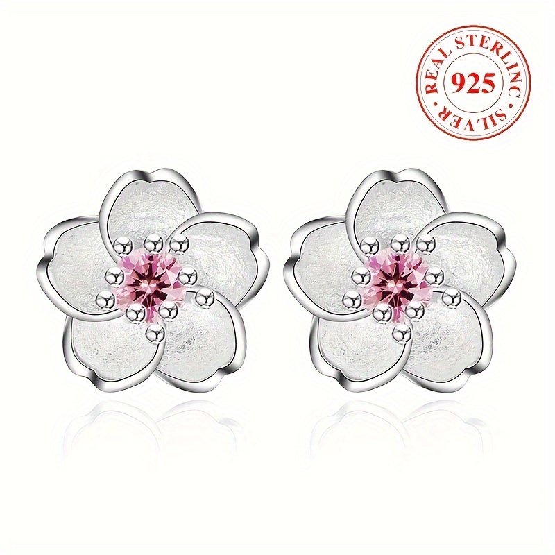 

Pretty Blooming Sakura Shaped Stud Earrings 925 Sterling Silver Jewelry Elegant Luxury Style Delicate Female Earrings