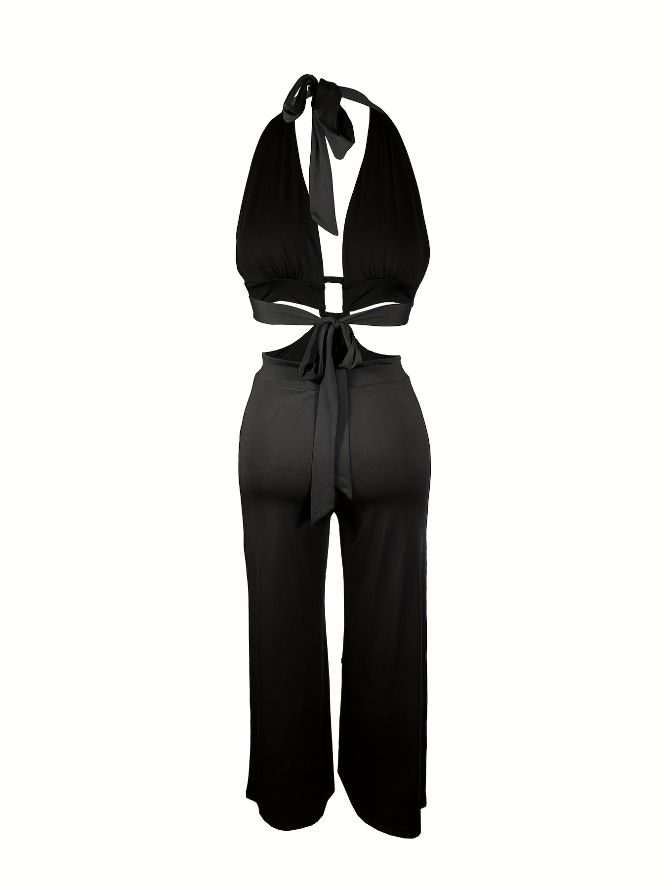 Plunging Neck Wide Leg Jumpsuit, Casual Cut Out Halter Neck Jumpsuit For  Club & Party, Women's Clothing