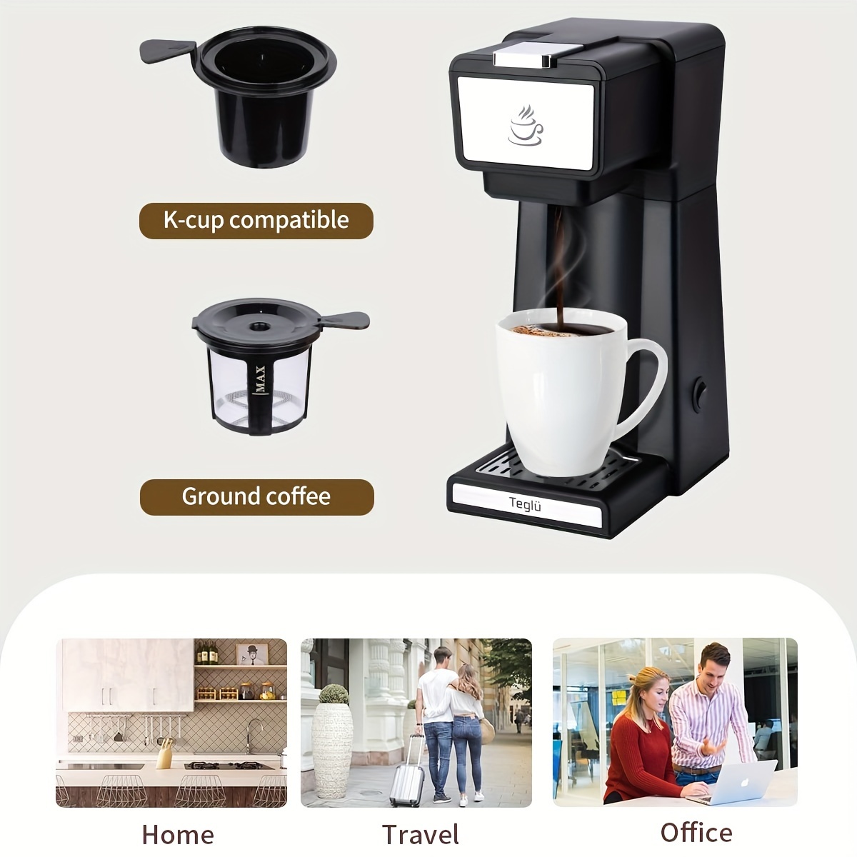  Teglu Cafetera de una sola porción para cápsulas K Cup y café  molido 2 en 1, máquina de café K Cup de 14 onzas, mini cápsula de café  individual de preparación