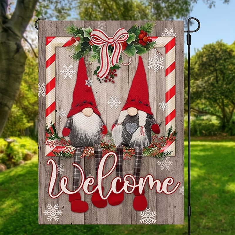 

1pc Welcome Christmas Gnomes Home Decorative House Flag, Xmas Santa Garden Yard Lawn Holly Red Berry Outside Decor, Winter Snowflake Farmhouse Outdoor Large Burlap Decoration Double Sided 12x18 Inch