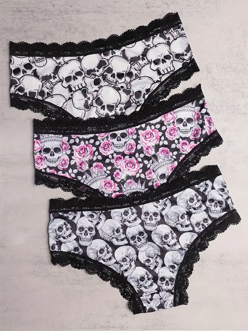 Contrast Lace Hipster Panties Skull Print Intimates Panties - Temu
