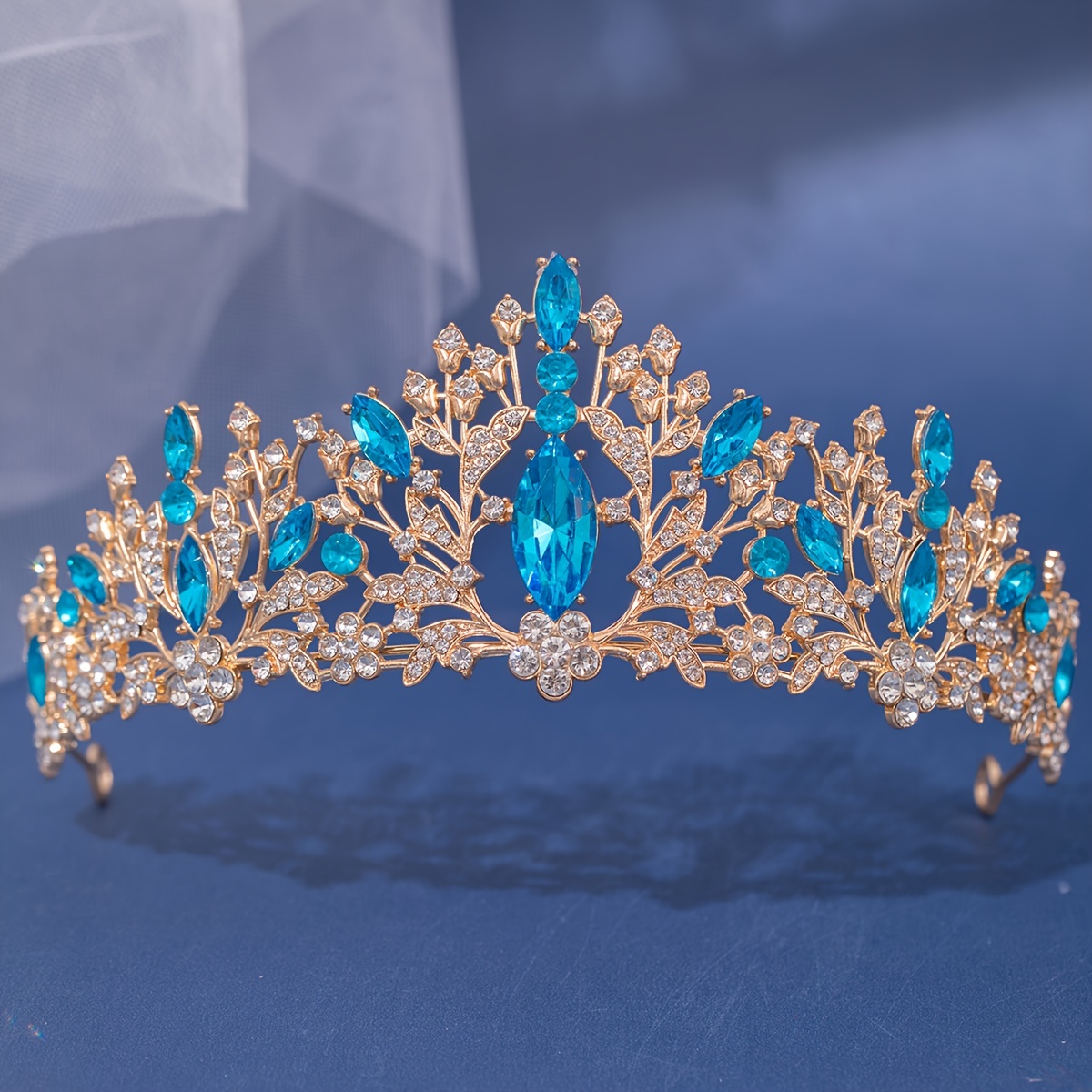 Blume Perle Blau Kristall Tiara Trendy Prinzessin Crown Braut