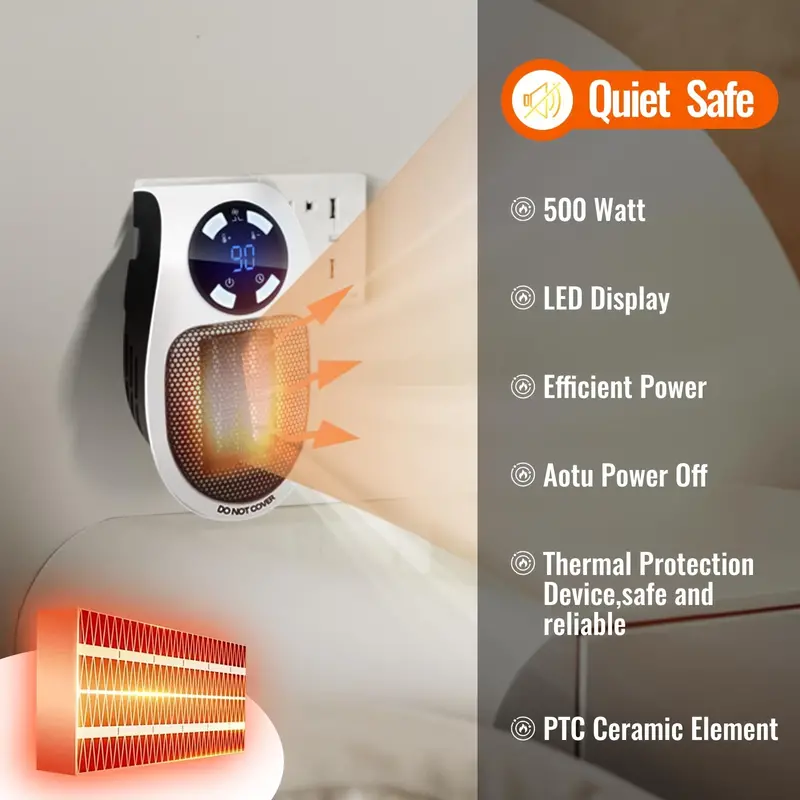 1pc electric heater smart wall space heater 500w 800w portable electric small heater with adjustable thermostat and timer overheating protection led display security heater for office dorm white 500w details 6