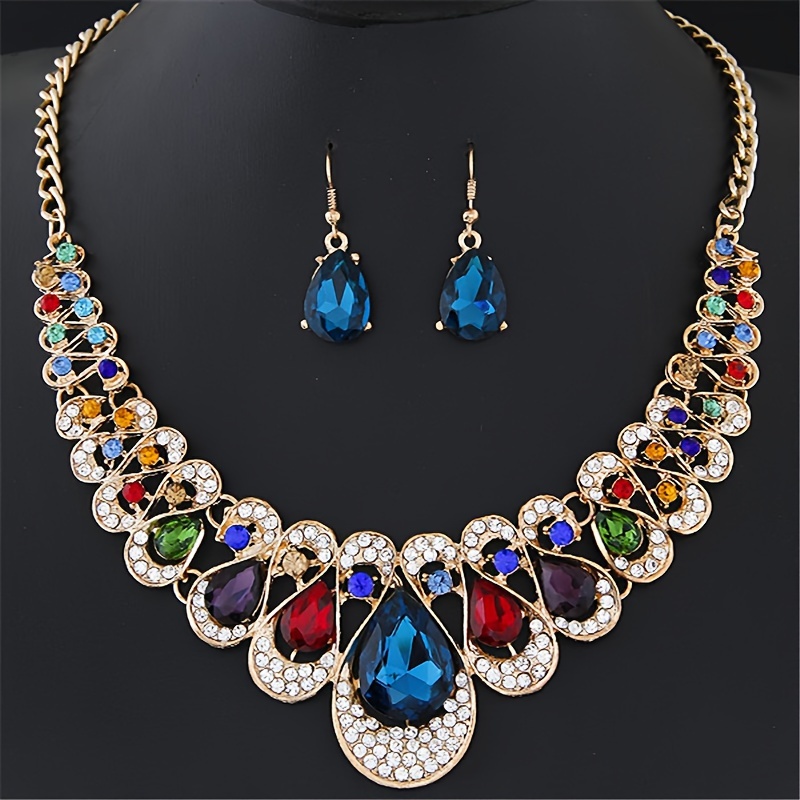 

Metal Glitter Jewelry Set, Zinc Alloy Rhinestone Decor Gemstone Collar Necklace Drop Earrings Set Waterdrop Jewelry Set For Banquet And Party Wearing