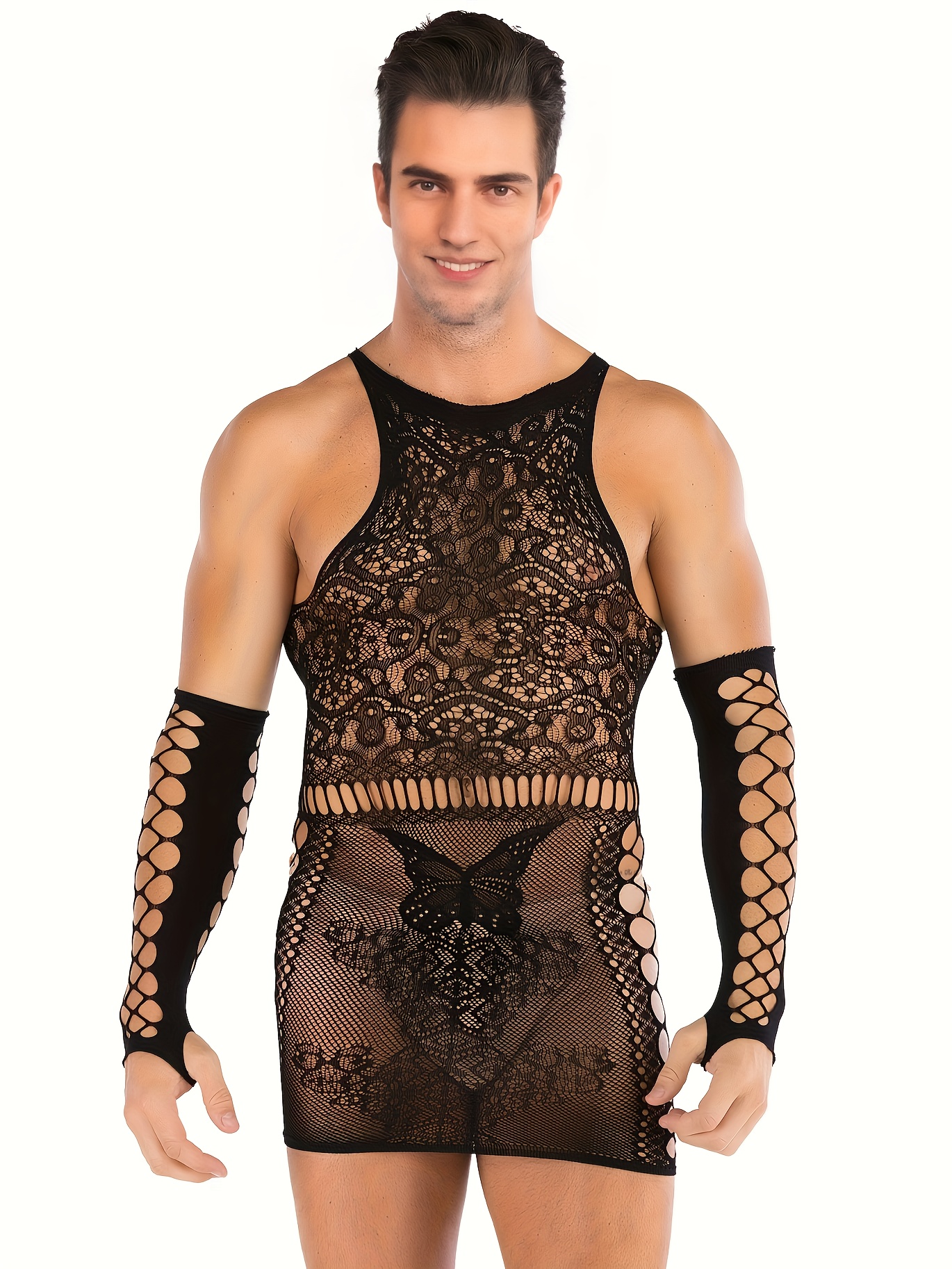 Sissy Men Sheer Lace Camisole Vest See Through Deep V Neck Crop Tops  T-Shirts