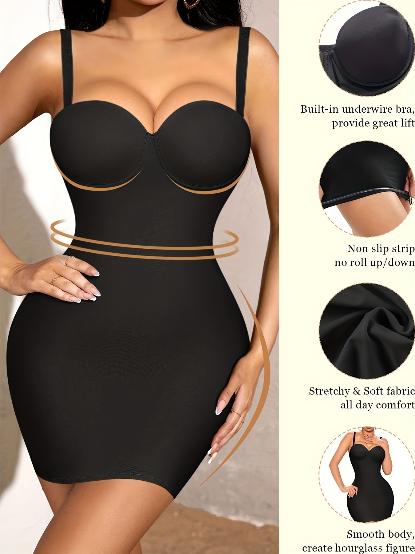 Women Seamless Built In Bra Tummy Control Full Body Shaper Padded Bra Dress  Slip