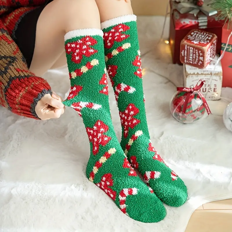 Christmas Print Calf Socks Cute Fuzzy Knee High Socks - Temu