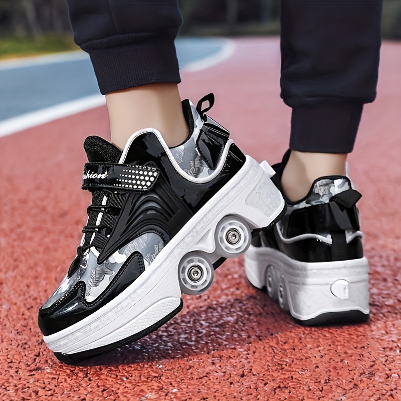 Boy's Trendy Roller Shoes With 4 Detachable Wheels, Comfy Hook & Loop  Fastener Casual Skate Sneakers