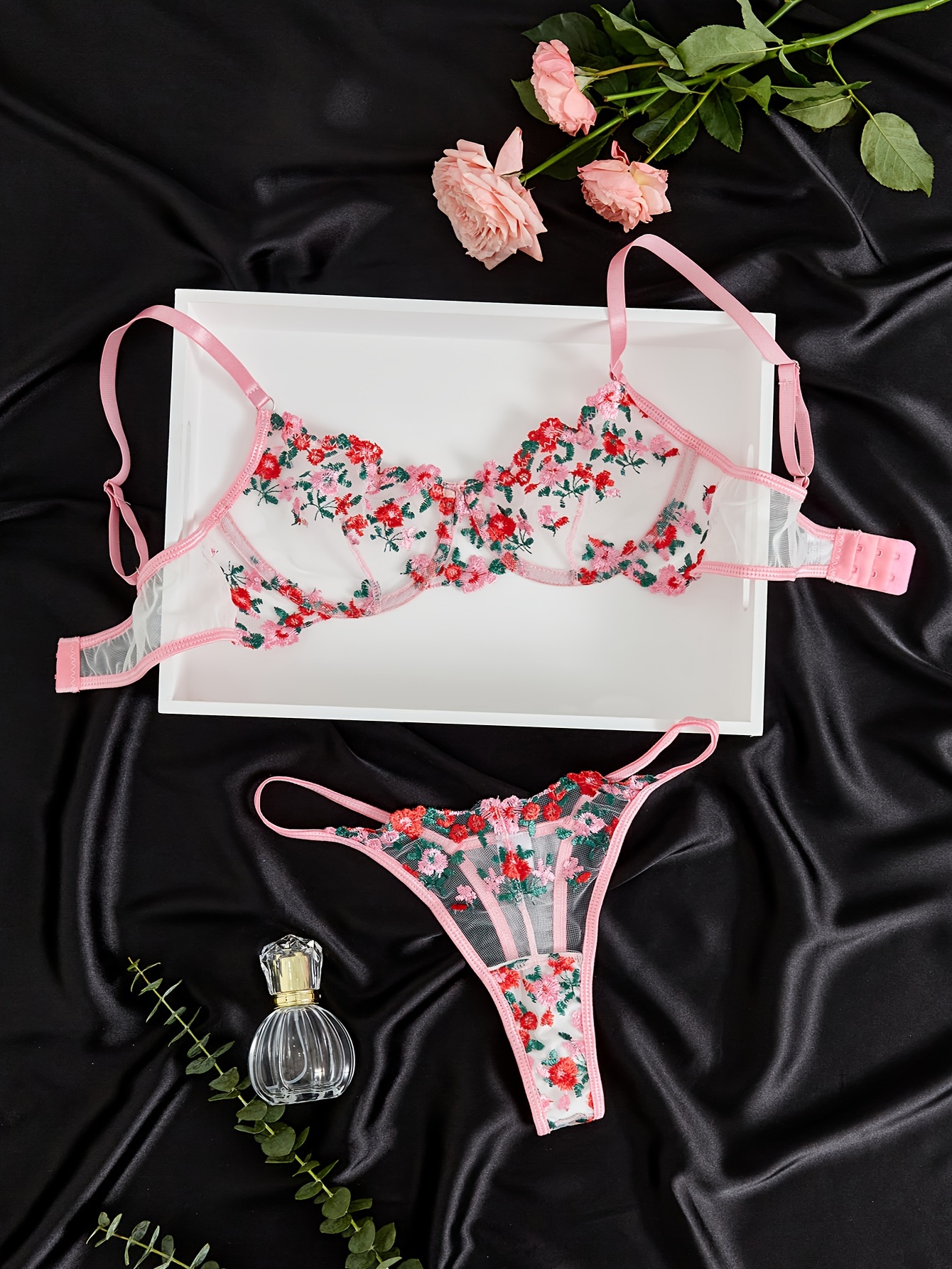 Sexy Floral Lace Lingerie Set Sheer Unlined Bra Mesh Panties - Temu Canada
