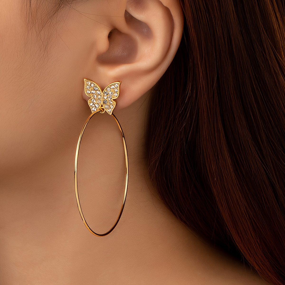 

Big Round Ring Butterfly Dangle Earrings, Exquisite Rhinestone Inlaid 18k Gold Plated Zinc Alloy Ear Jewelry, Sexy Vacation Style Golden/silvery Drop Earrings For Women