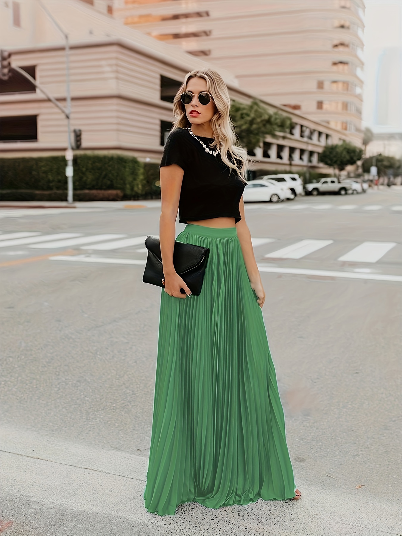 Solid Color Maxi Length Pleated Skirt Elegant High Waist - Temu
