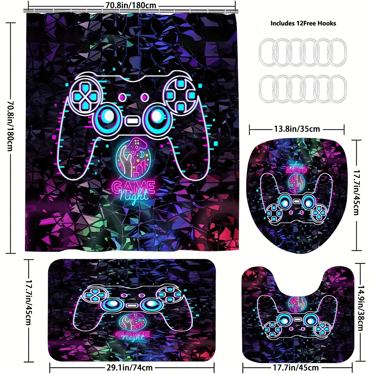 Cartoon Game Controller Pattern Bathroom Sets Rugs Shower Curtain,  Waterproof Shower Curtain With 12 Hooks, Non-slip Bathroom Rug, Toilet  U-shape Mat, Toilet Lid Cover Pad, Bathroom Decor - Temu