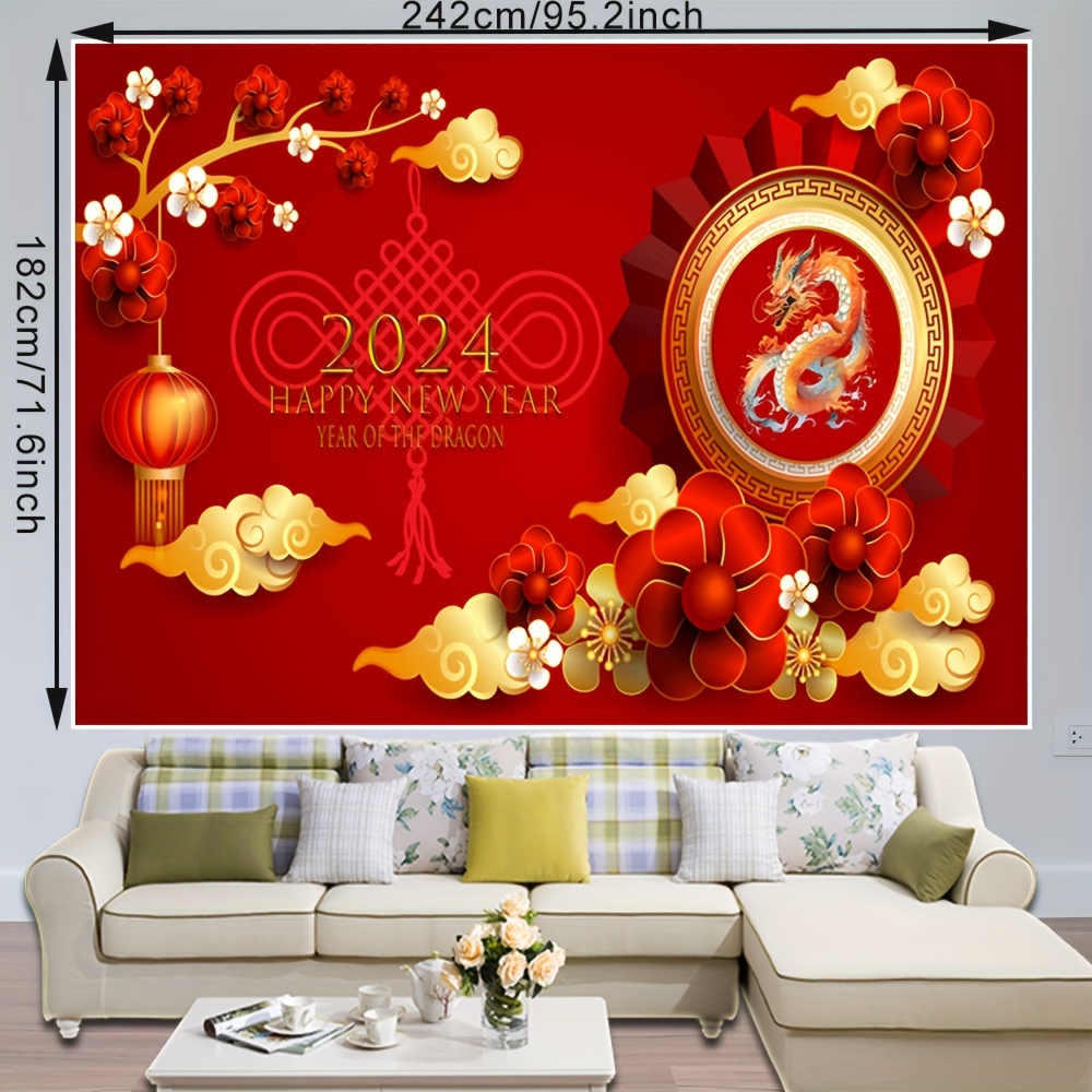 1pc Happy Chinese New Year Backdrop Year of the Dragon 2024 Chinese Lunar  New Year photography Background Chinese Spring festival Decorations Banner