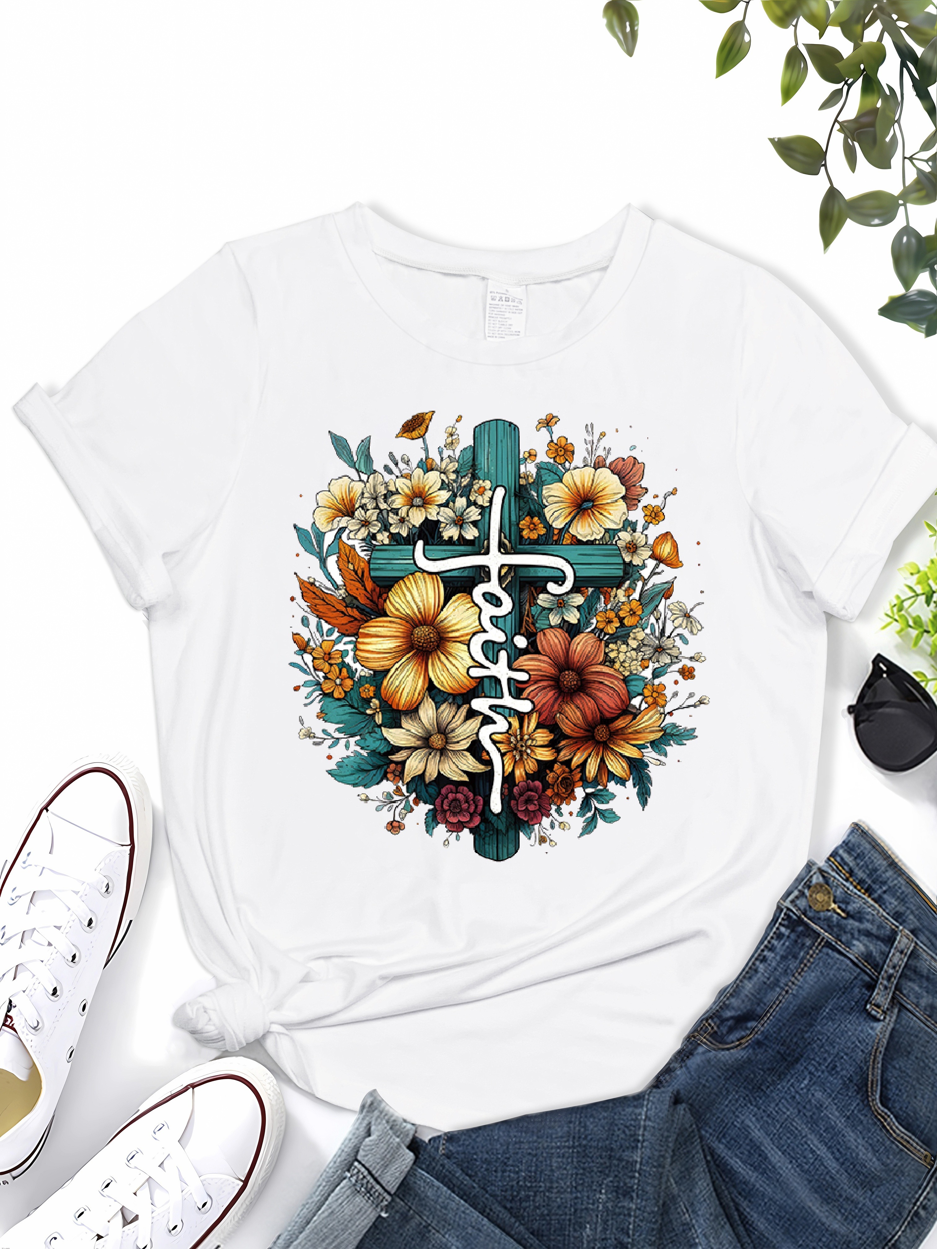 Faith Cross Floral Print T shirt Casual Crew Neck Short - Temu