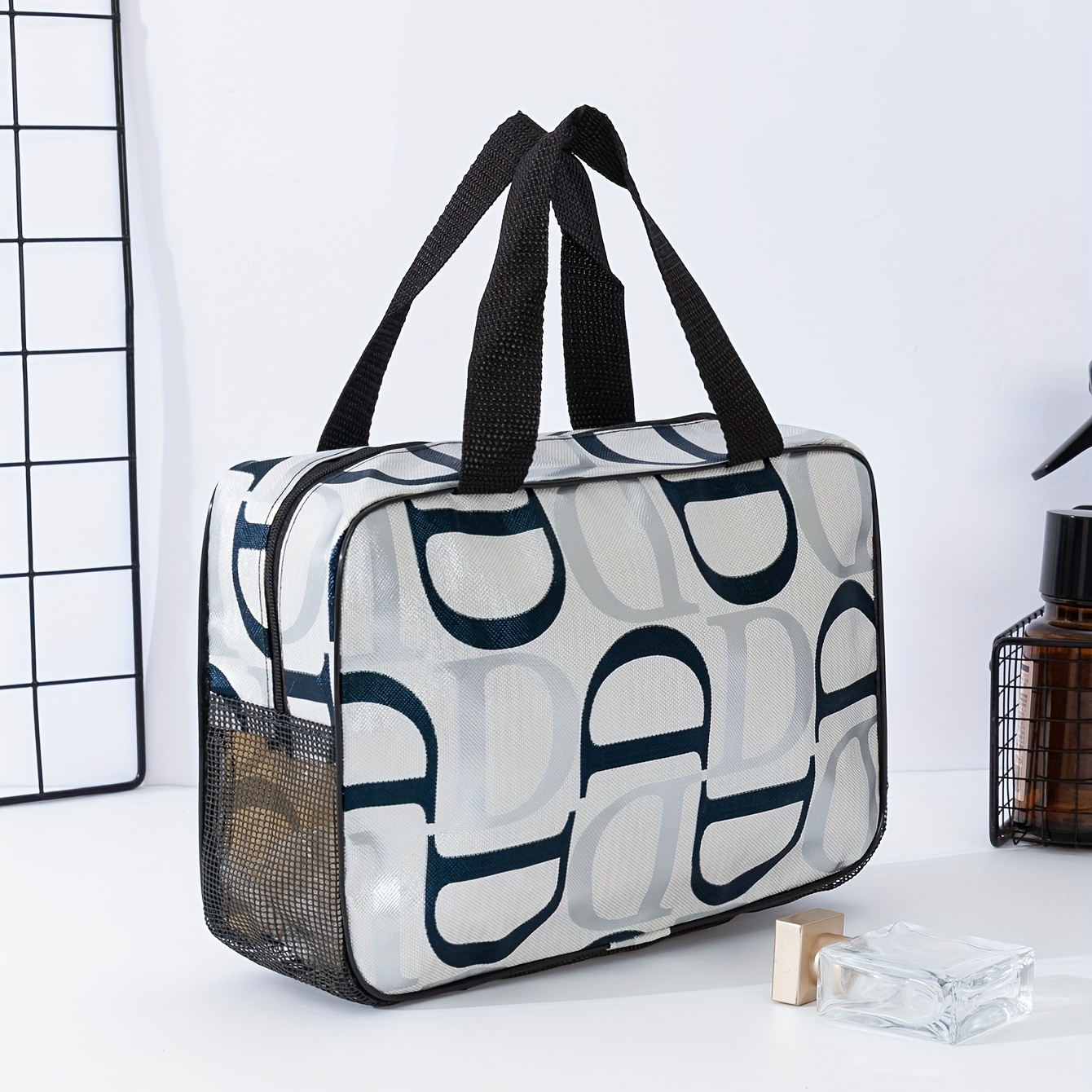 

Letter D Pattern Large Capacity Lightweight Storage Bag, Reusable Portable Multifunction Handbag Cosmetic Bag, Zipper Travel Wash Bag Toiletry Cloth Bag