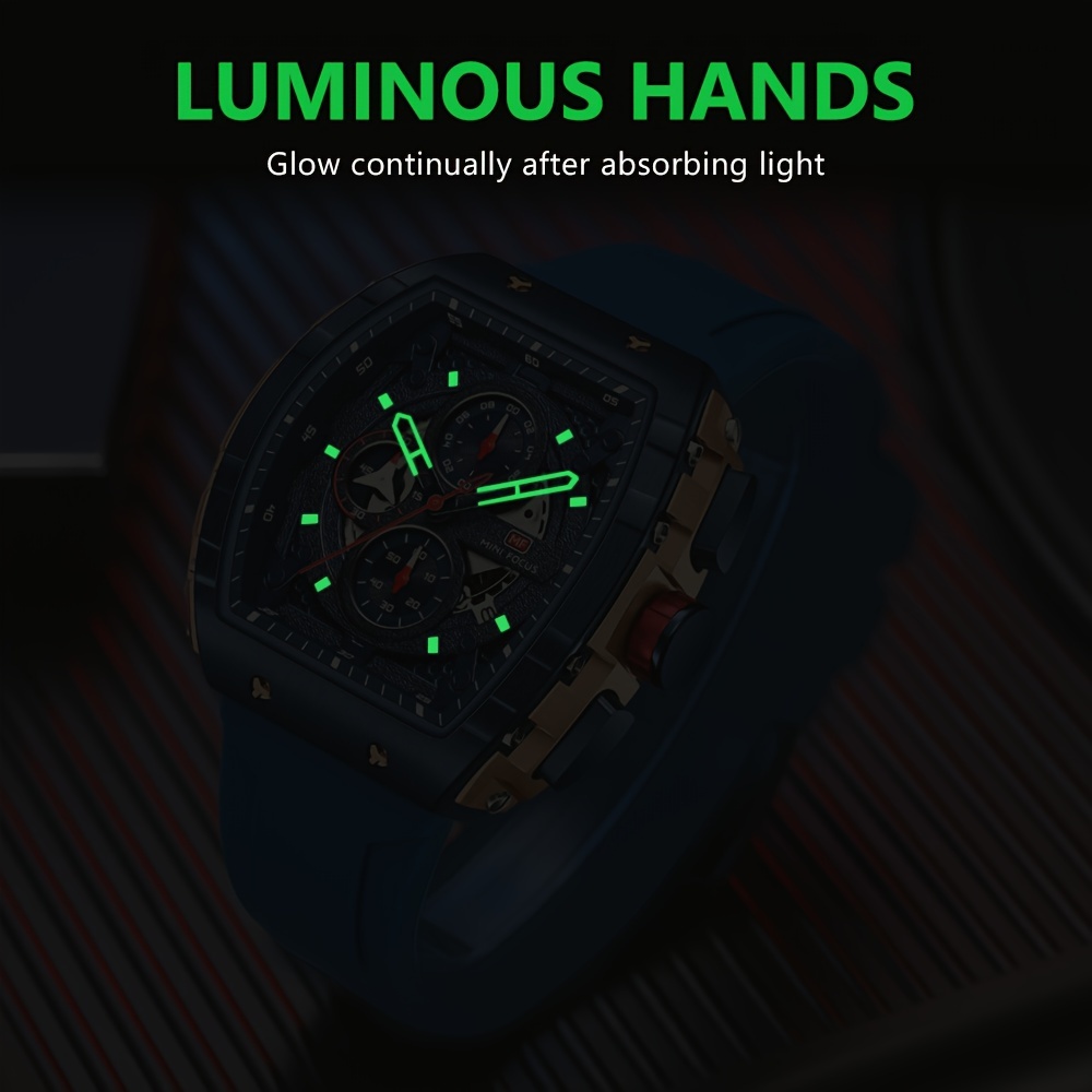  multifunctional mens quartz watch luminous tonneau pointer sports wrist watch with silicone strap details 2