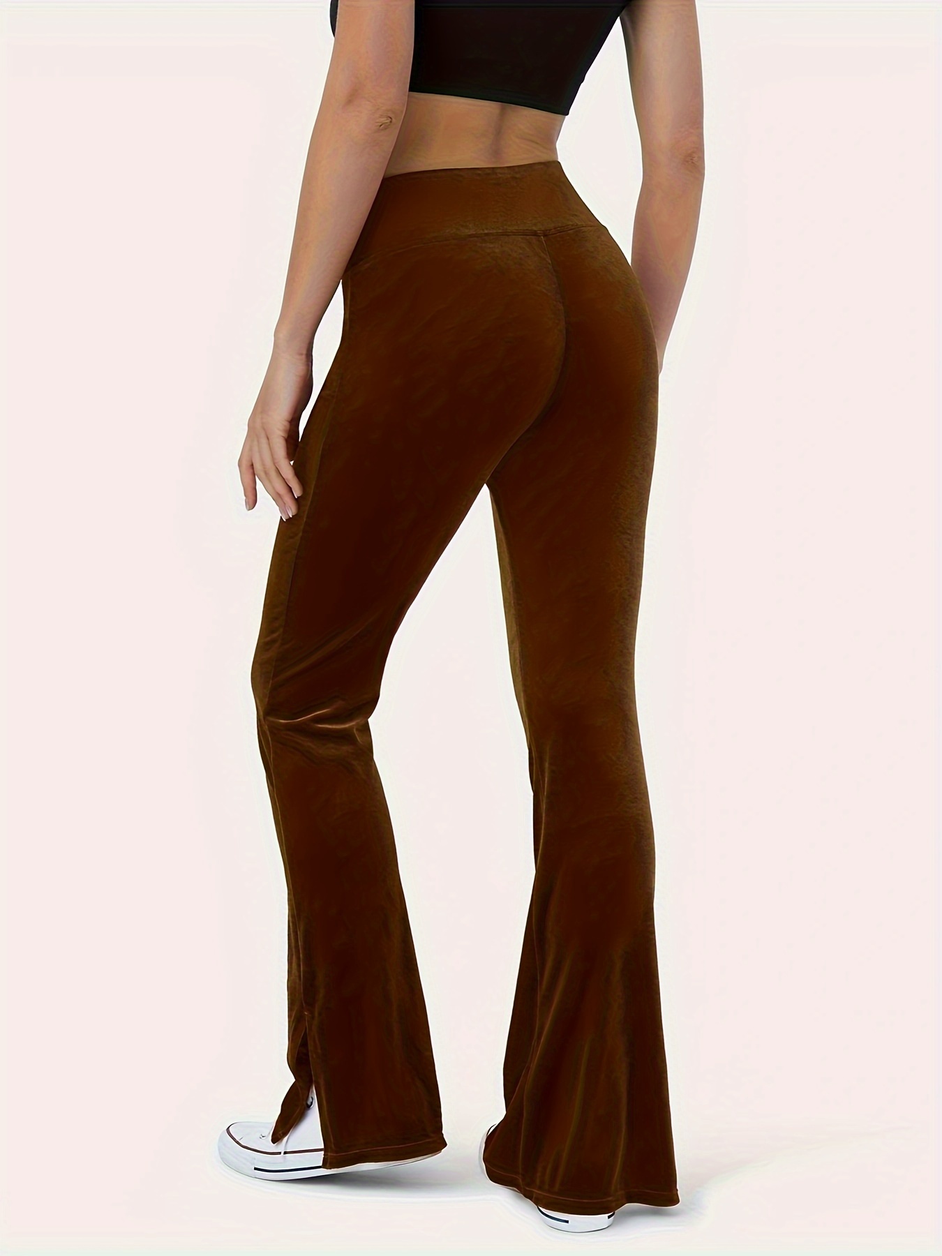 Solid Velvet Flare Leg Pants Casual Elastic Waist Split Slim - Temu Canada