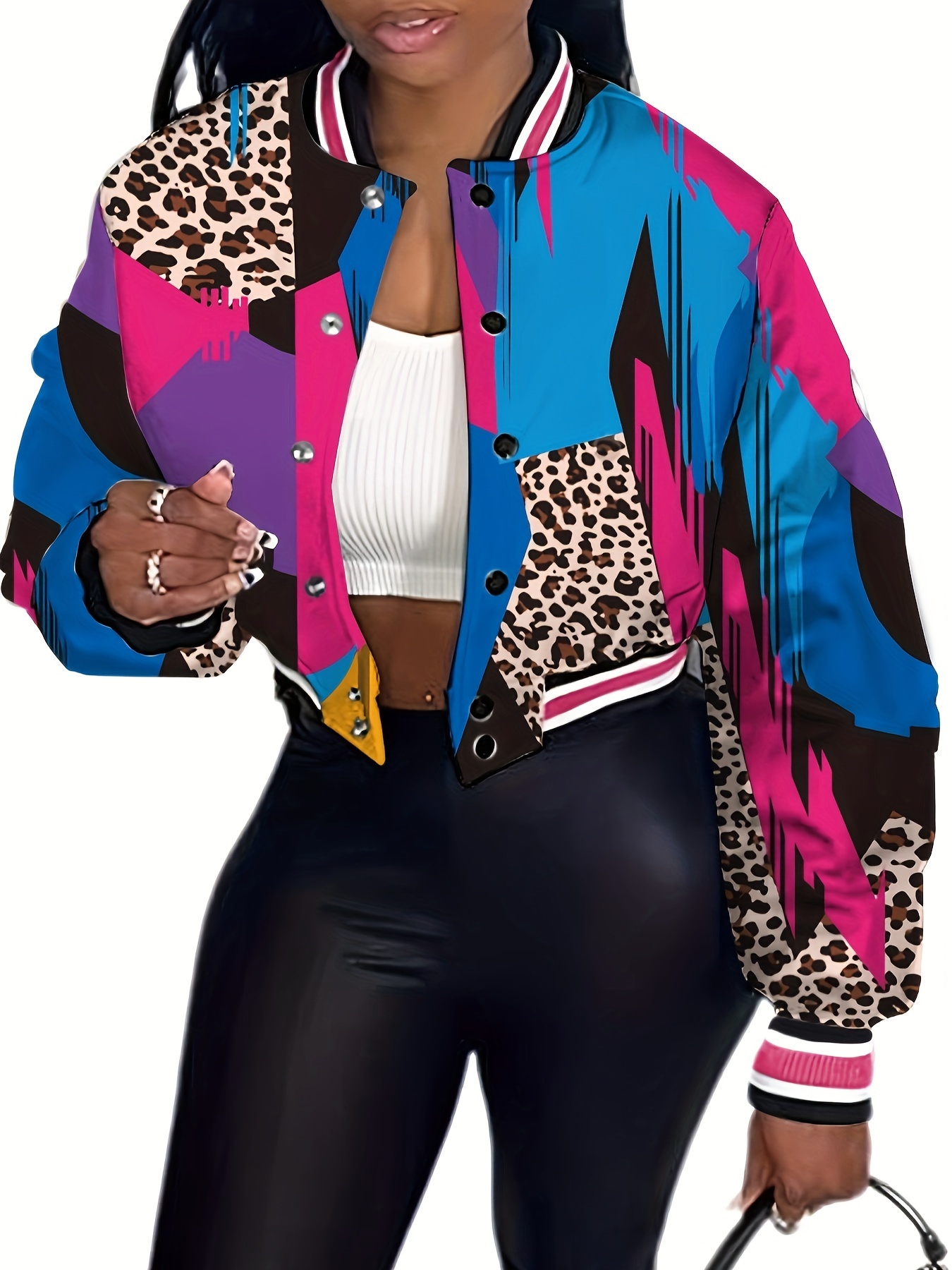 womens color block baseball jacket leopard print sleeves     design stretchy machine washable fabric   casual outerwear fashionforward apparel mixed color 0
