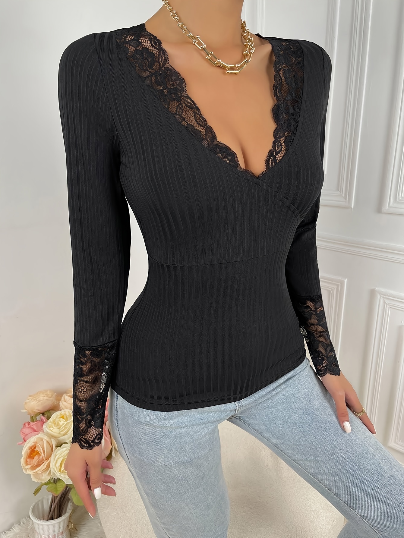 Contrast Lace Solid T-shirt, Elegant Plunge Neck Long Sleeve T-shirt,  Women's Clothing