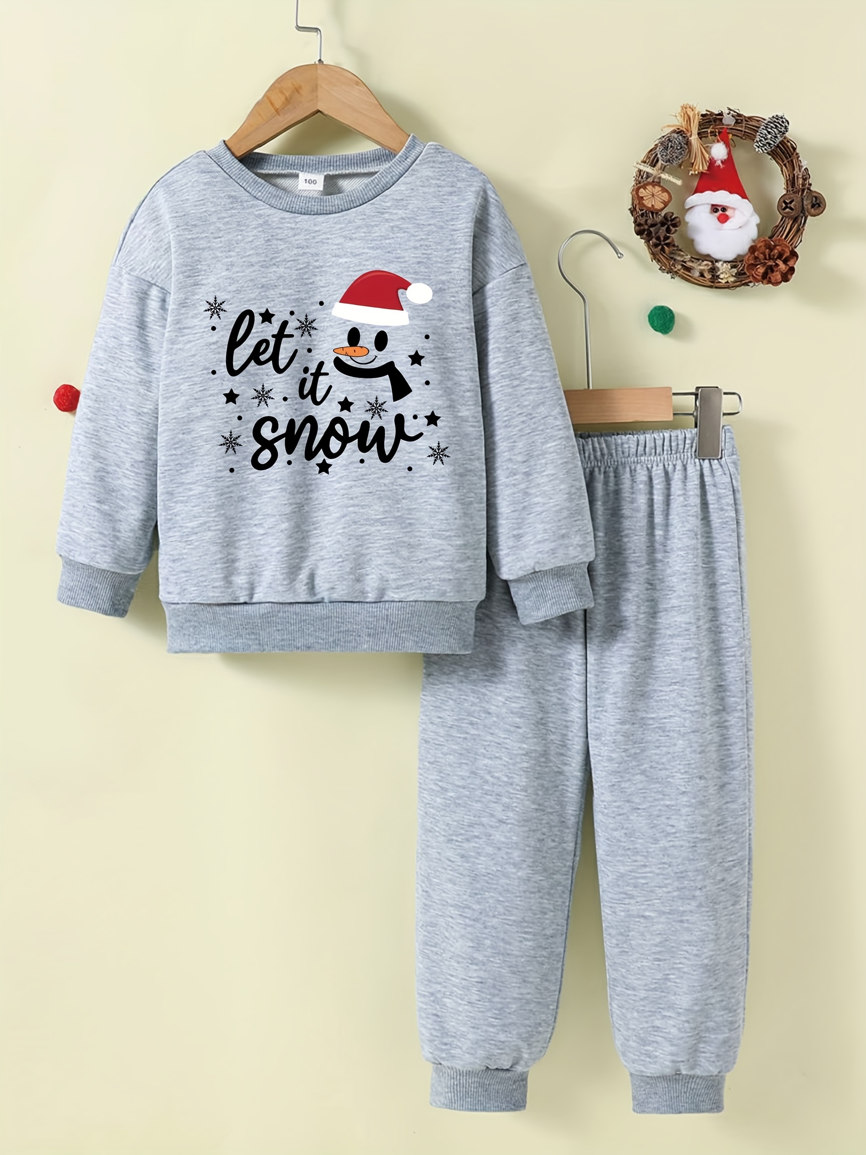 Let Snow Print Pullover + Solid Pants Girls Sets Kids - Temu
