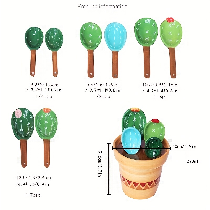 Cactus Measuring Spoons Set in Pot - Cute Ceramic Measuring Spoons, Cactus  Shape Porcelain Measuring Spoon with Base,all in one measuring spoon