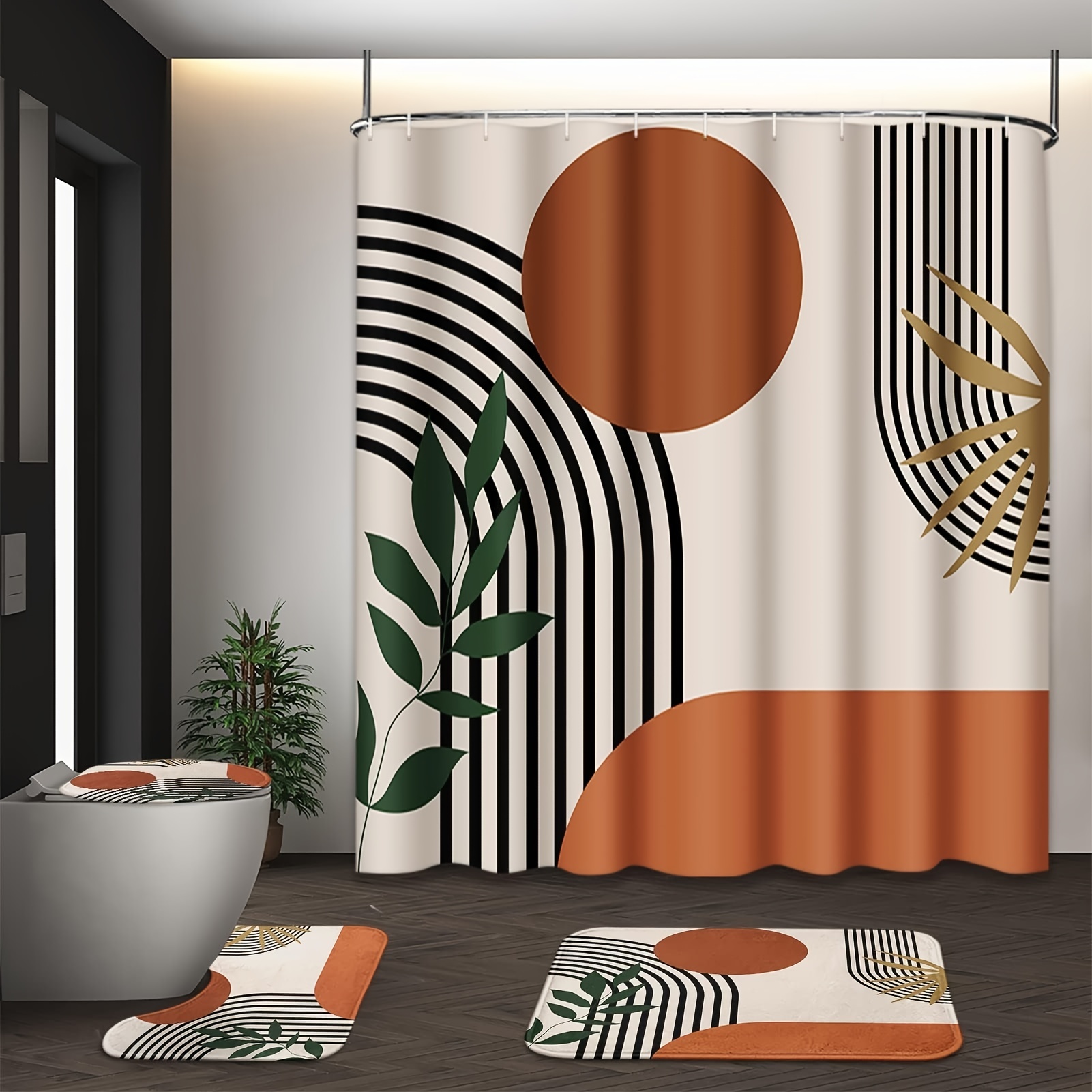 

1/3/4pcs Mid Century Shower Curtain Set, Toilet Lid Cover And Non-slip Rugs, Abstract Geometric Modern Minimalist Shower Curtain For Bathroom Set With 12 Hooks, Bathroom Partition, Room Decor