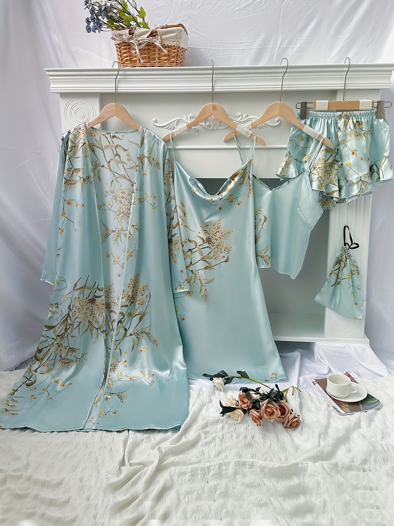 4pcs Floral Print Pajamas Set, Long Sleeve Robe + Cami Dress + Cami Top + Ruffle Hem Shorts, Women&#39;s Loungewear &amp; Sleepwear