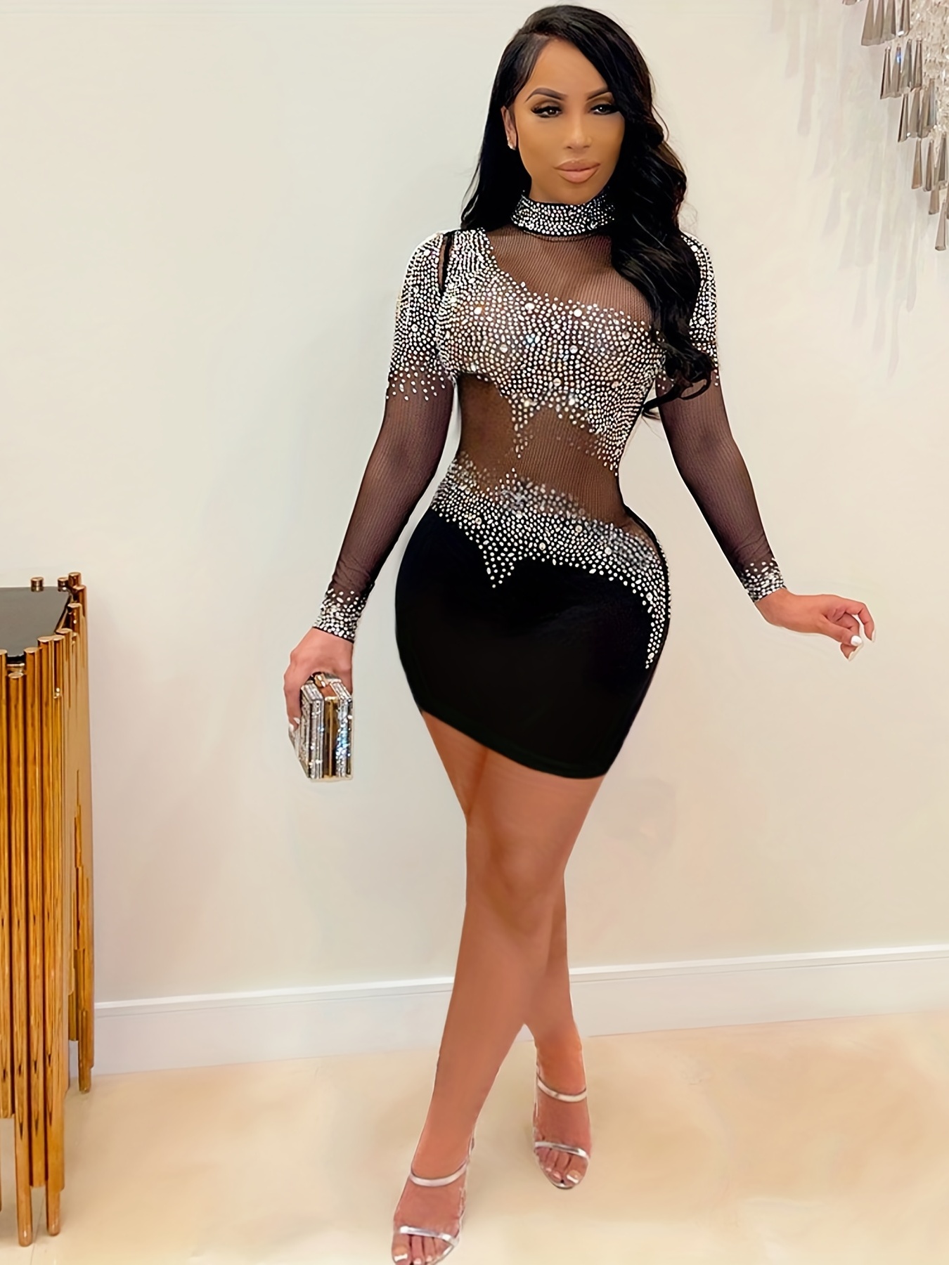 Rhinestone Sheer Splicing Dress Sexy Bodycon Long Sleeve Bag Temu