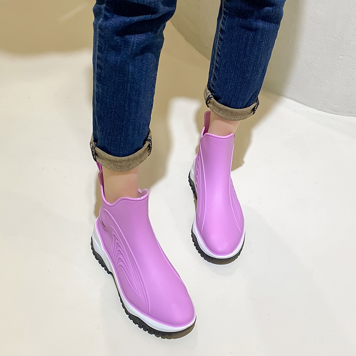 Women's Platform Ankle Rain Boots, Waterproof Solid Color Slip on Shoes, Outdoor Non-Slip Shoes,Temu