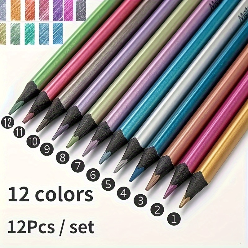 12PCS Metallic Colored Pencil Set Assorted Coloring Pencil Set 0.3MM  Glitter Drawing Pencils Graphic Pencils For Art Drawing Sketching Writing