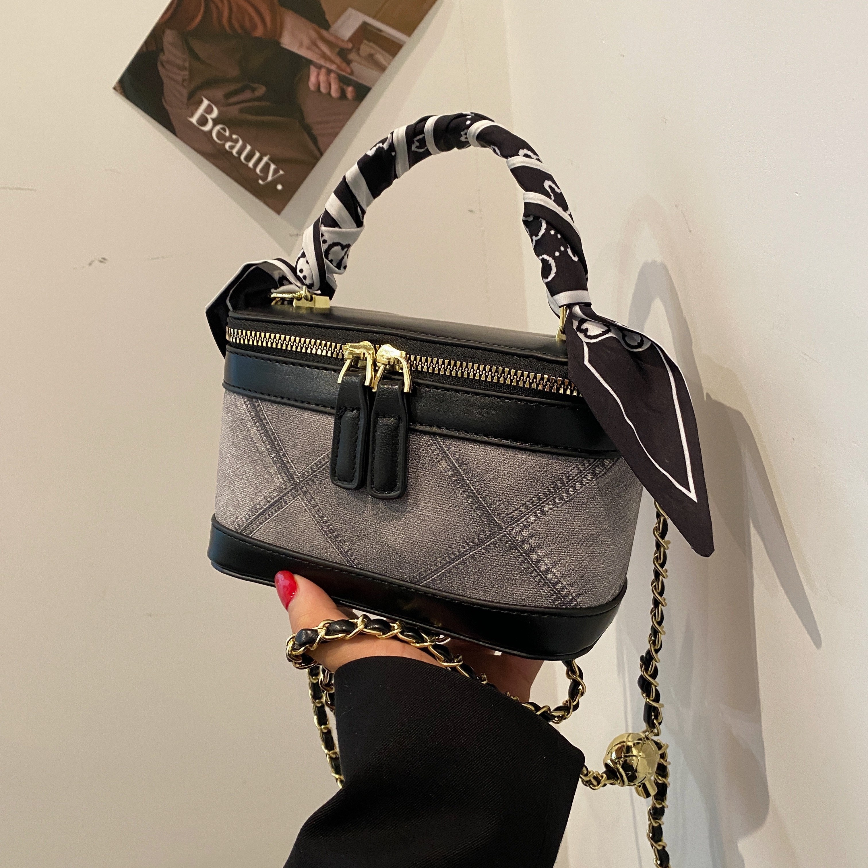 Plaid Print Flap Square Handbag With Twilly Scarf Decoration