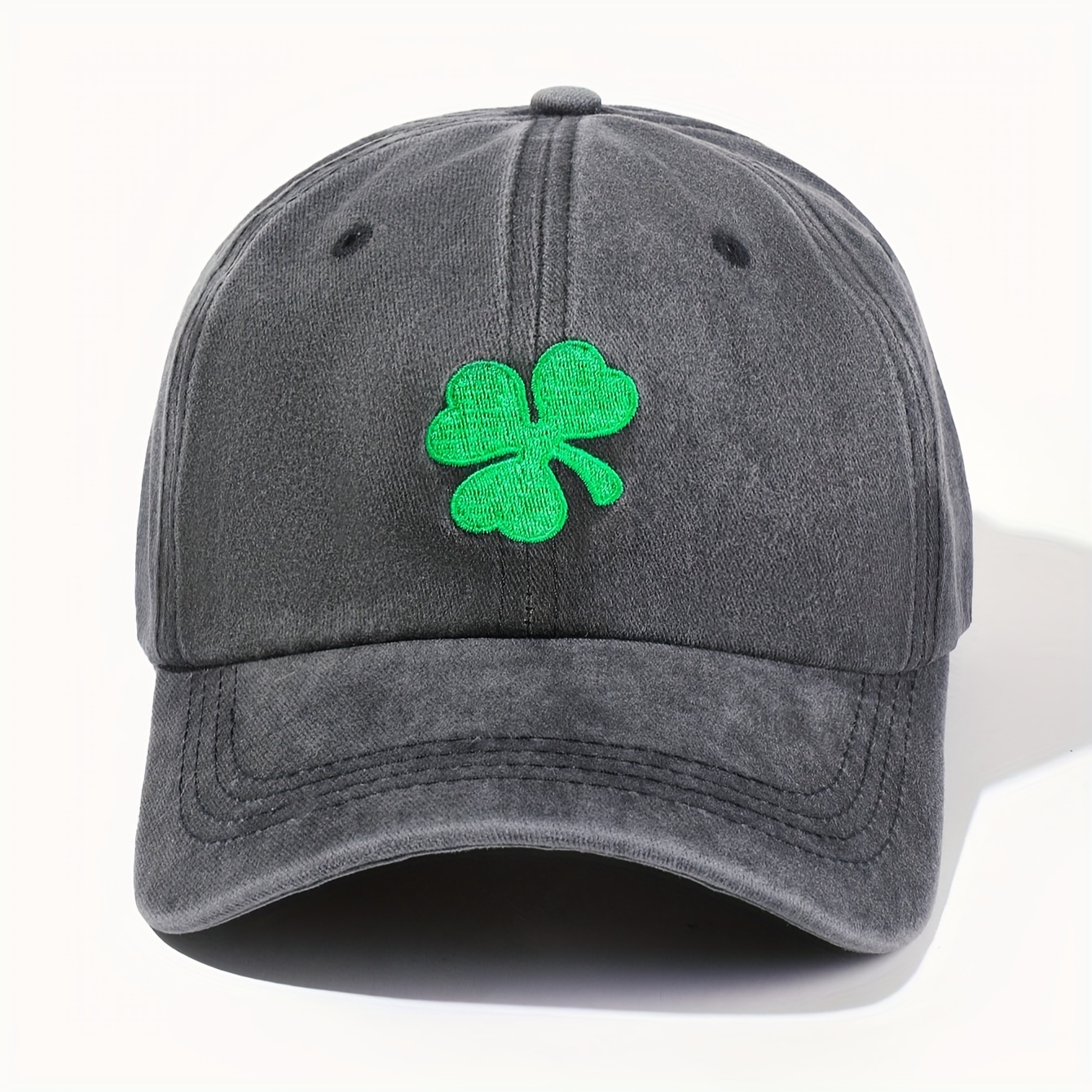 

Lucky Clover Embroidery Baseball Cap Gray Washed Distressed Dad Hats St. Patrick's Day Lightweight Adjustable Sun Hat For Women & Men