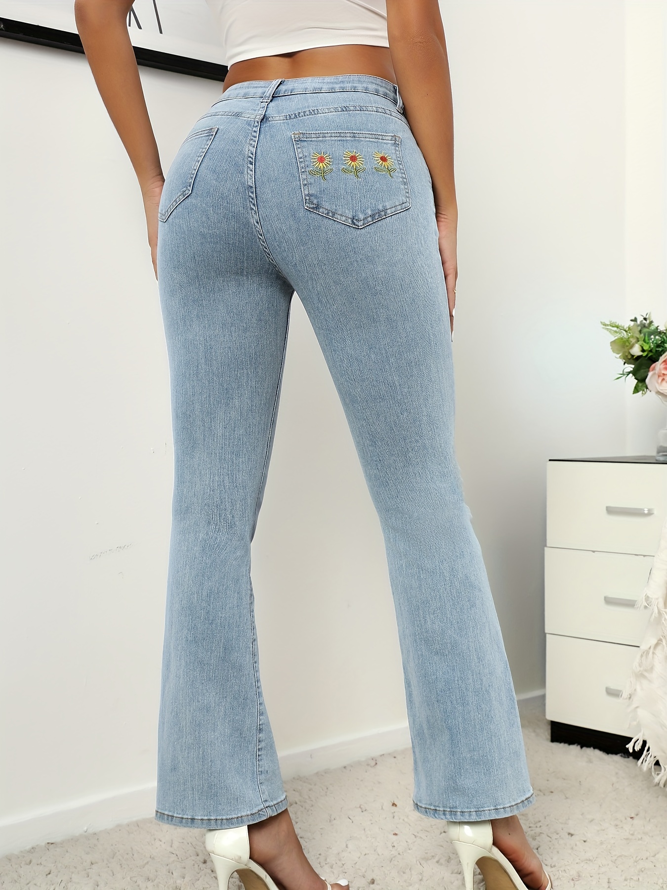 Navy Blue Floral Embroidered Flare Jeans, Mid-Stretch Slim Fit Bell Bottom  Jeans, Women's Denim Jeans & Clothing