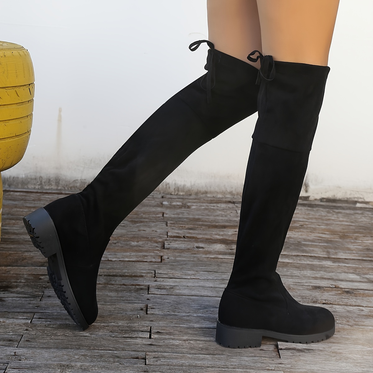 Botas negras por encima de la rodilla para mujer, zapatos cómodos con  cordones en la parte posterior y punta redonda, botas largas informales