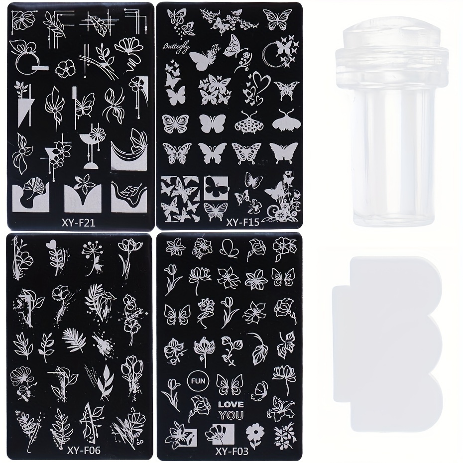 E-shop 4-teiliges Nagelkunst-Stahlplatten-Set mit kleinem Stempel - Schmetterling, Blume, Blatt Französischer Nagelstempel-Schablone - Frühling/Sommer