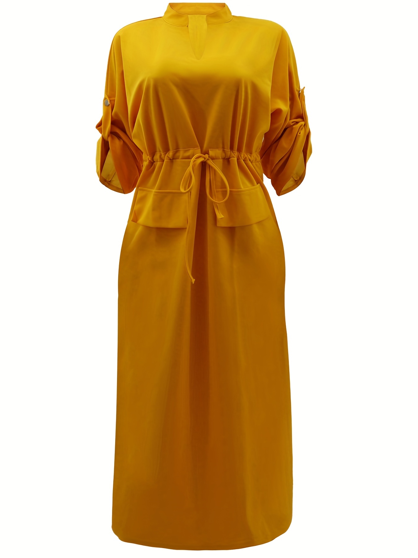 Drawstring Rollable Sleeve Dress Casual V Neck Solid Maxi - Temu