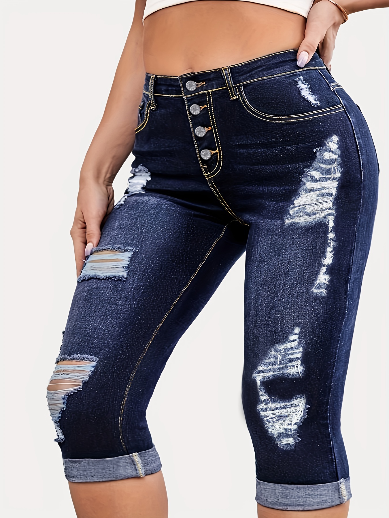 Plus Size Retro High Waisted Ripped Jeans Women Solid Color - Temu