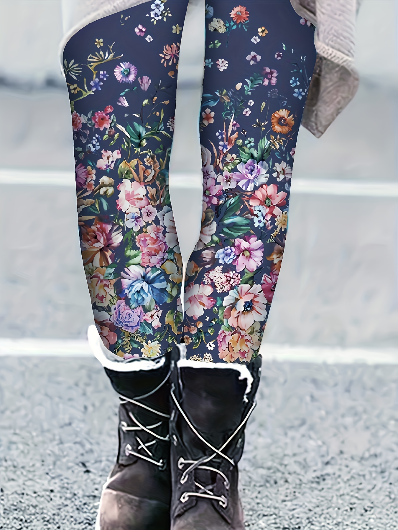 Floral Print Skinny Leggings Casual Elastic Waist Stretchy - Temu