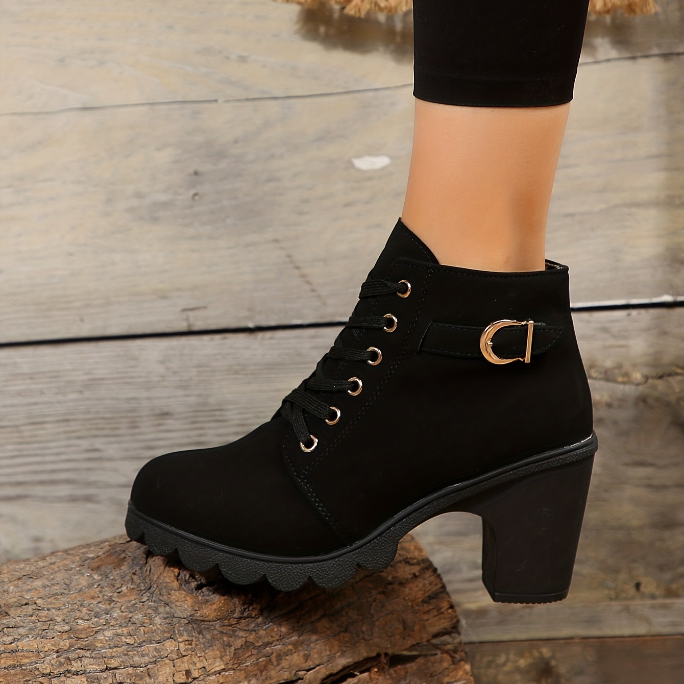 Women's Solid Color Block Heeled Boots, Elegant Lace Up Short Boots,  Stylish Side Zipper Ankle Boots