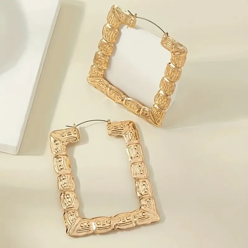 exaggerated rectangle shape golden hoop earrings retro vocation style alloy 18k gold plated jewelry party stage ornaments details 2