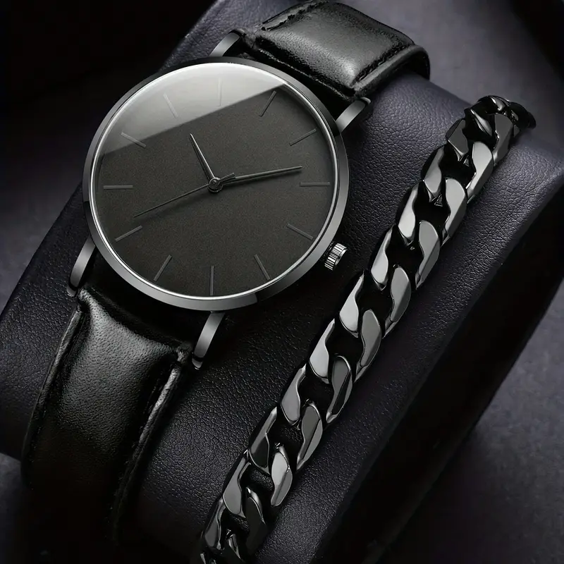 1pc Fashion Men's Black PU Strap Round Dial Quartz Watch and 1pc Chain Bracelet for Daily Life,Relojes Para Hombres,Temu
