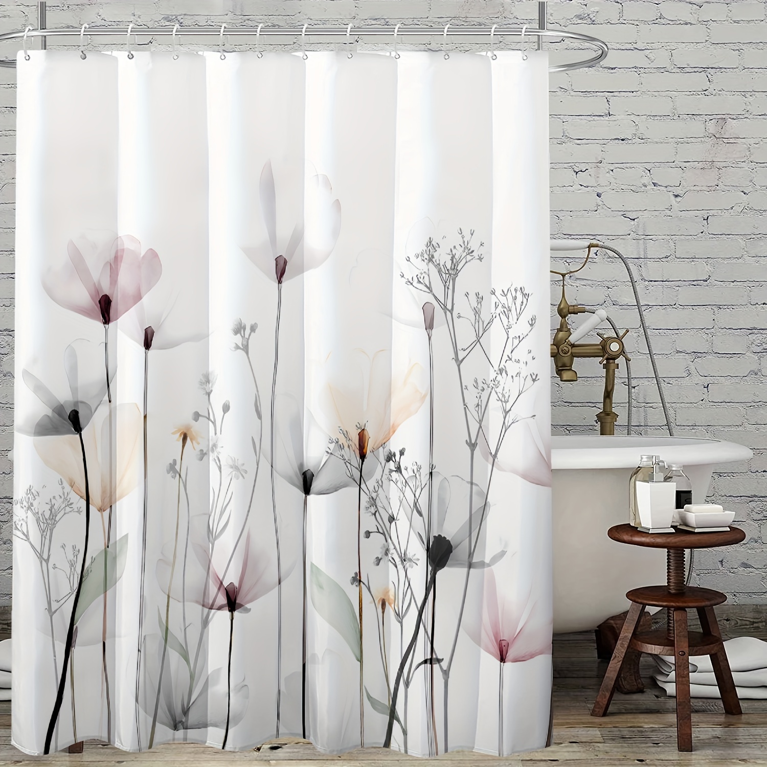 Light Elegant Floral Shower Curtain Plastic Hooks Floral - Temu