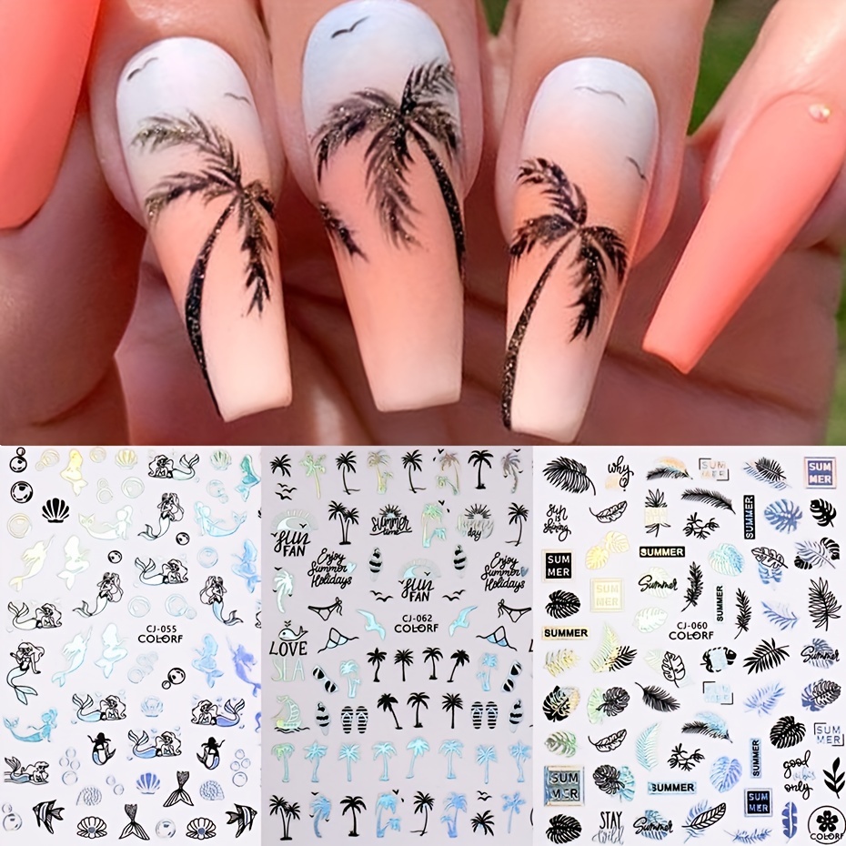 

Fun Summer Sticker For Nails - Starfish, Beach, Sea, Tropical Coconut Tree, Flower Manicure Slider - Laser Silvery Design For Nail Art Decal