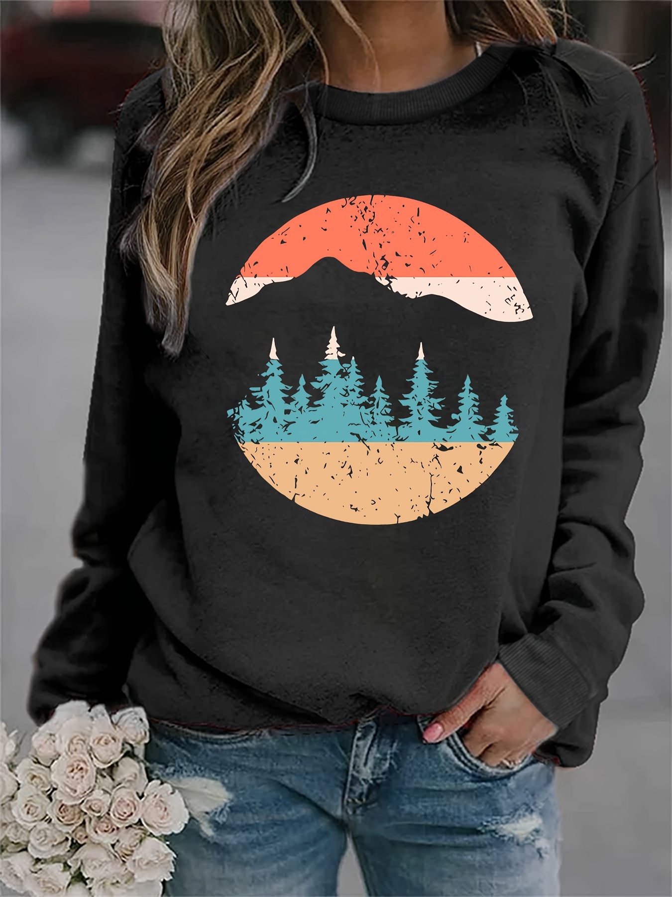 Forest Print Sweatshirt Casual Long Sleeve Crew Neck - Temu Canada