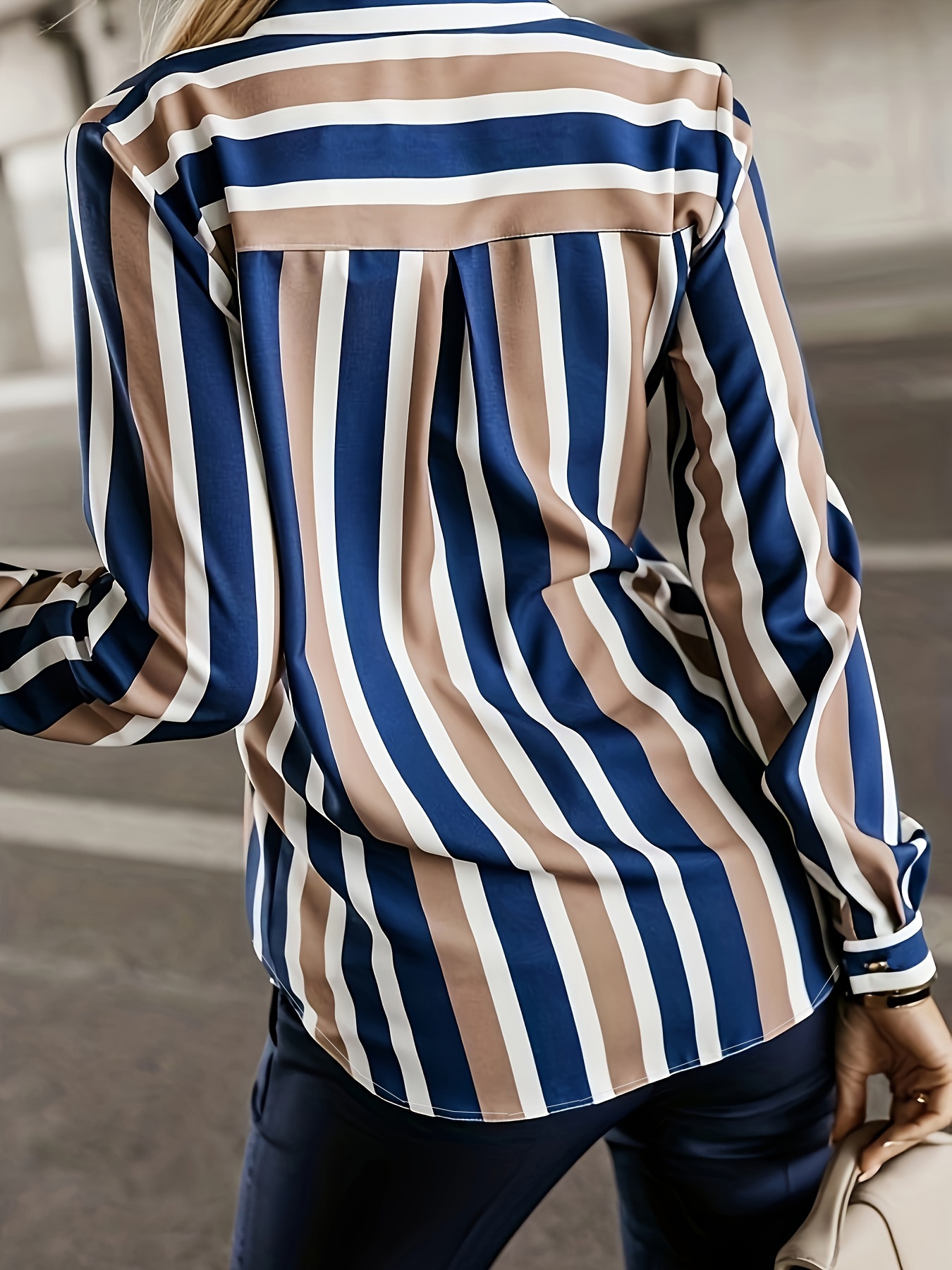 Women Button Long Sleeve Lapel Striped Tops with Pockets Fashion