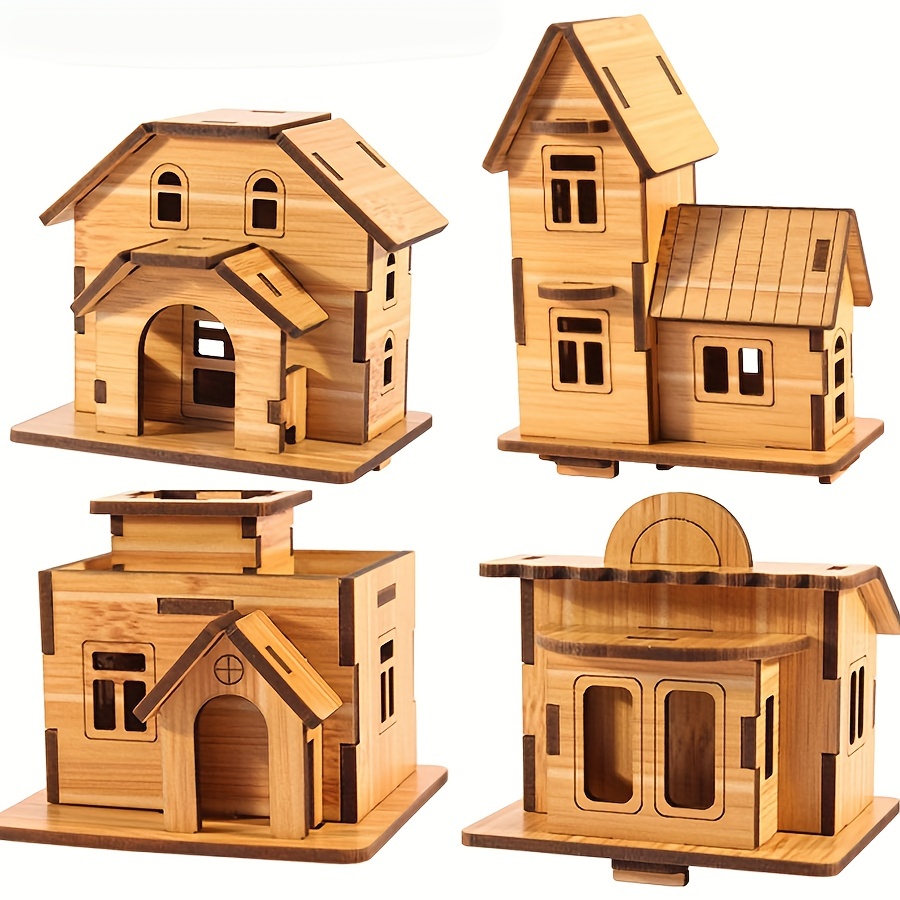 

Ensemble de 4 maquettes à construire soi-même de mini-chalets, Puzzle 3D en bois, Kit de modèle à assembler découpé au laser Casse-tête éducatif Jouet