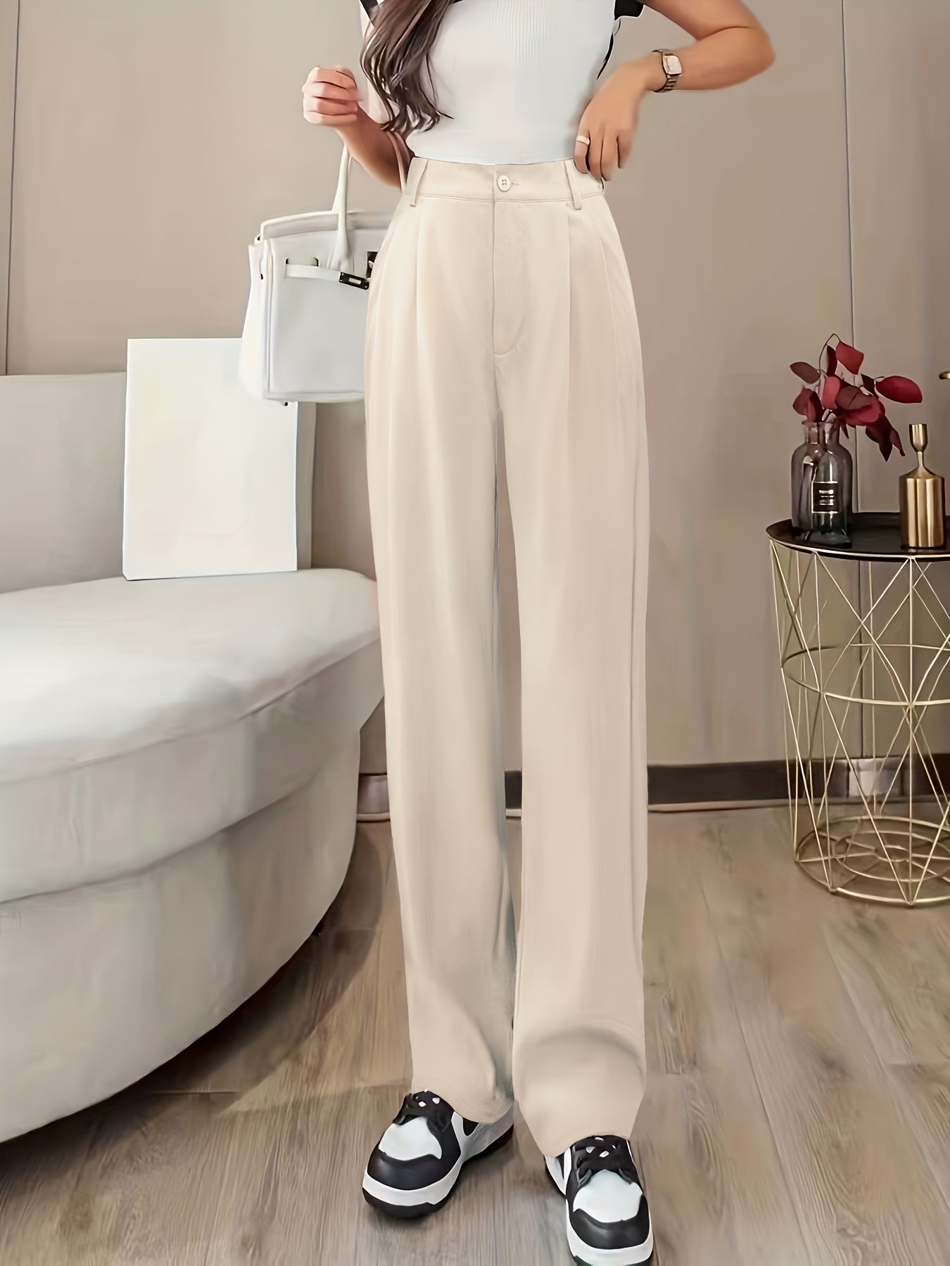 Women's Casual Wide Leg Dress Pants High Waisted Button Down Straight-Leg  Long Trousers Business Loose Pants(M,White)